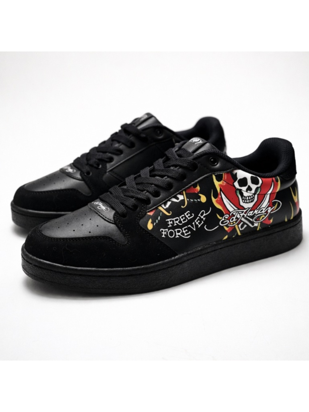 Ed Hardy Skull Flame Sneakers Men Black Tattoo Graphic Faux Leather Shoes